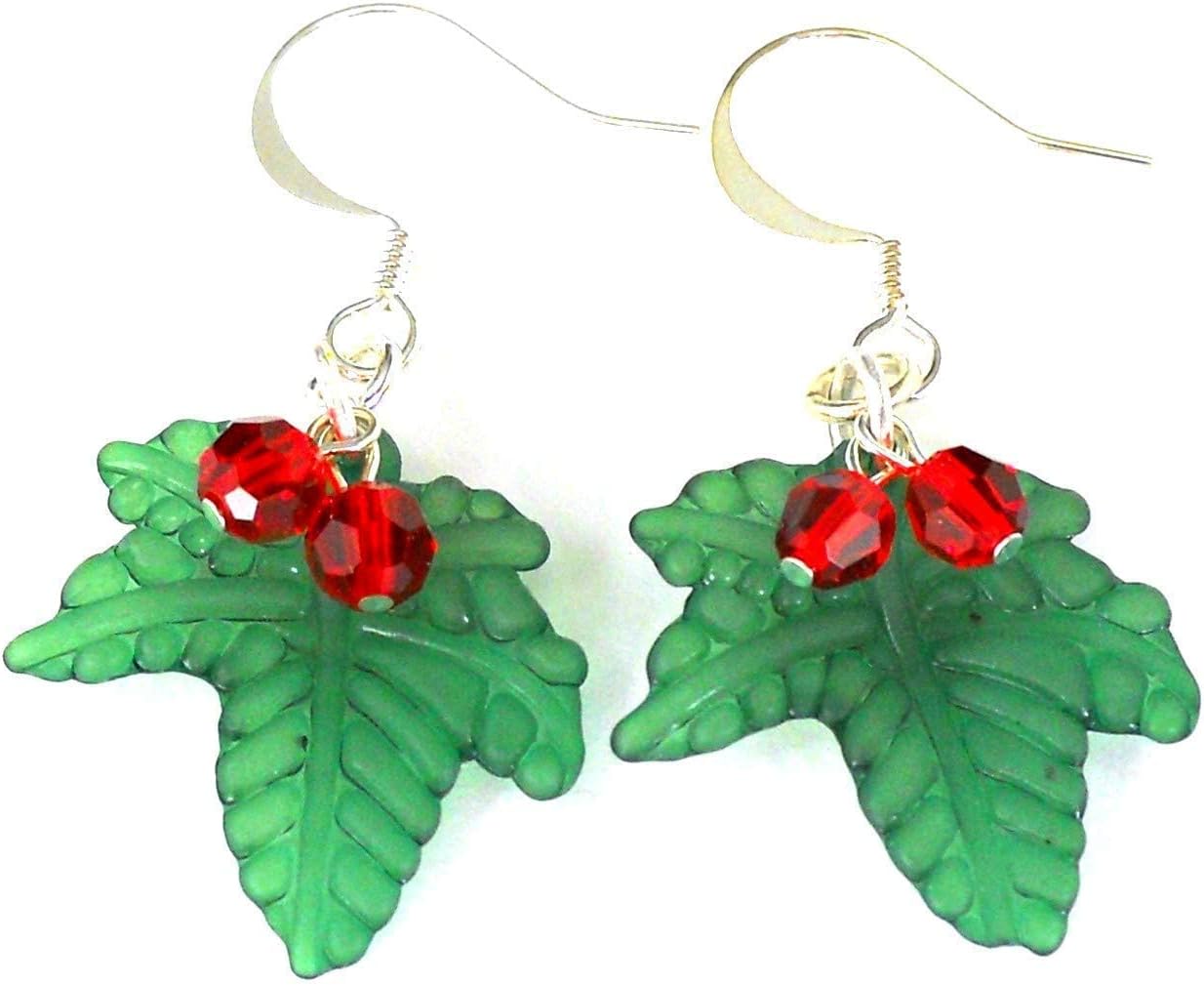 Christmas Holly Earrings with Green leaves and Red Crystal Berries, Mistletoe Gift for Women and Girls