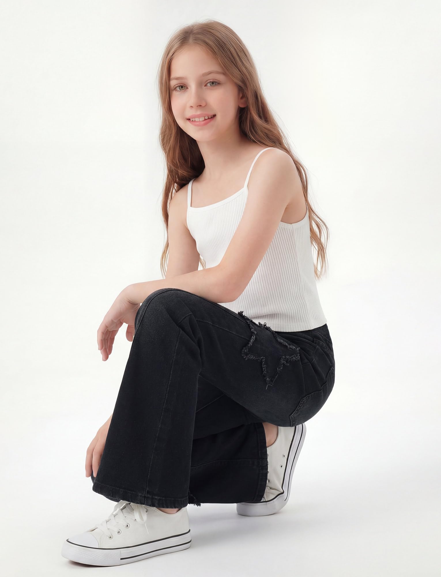 Maeau Jeans à Jambe Évasée étoile pour Fille, Mode Pantalon Flare Élastique, Jeans Denim Slim Extensible Décontracté, avec Poche, Doux Confort, Printemps L'été Automne, Taille 120-170/4-14 Ans