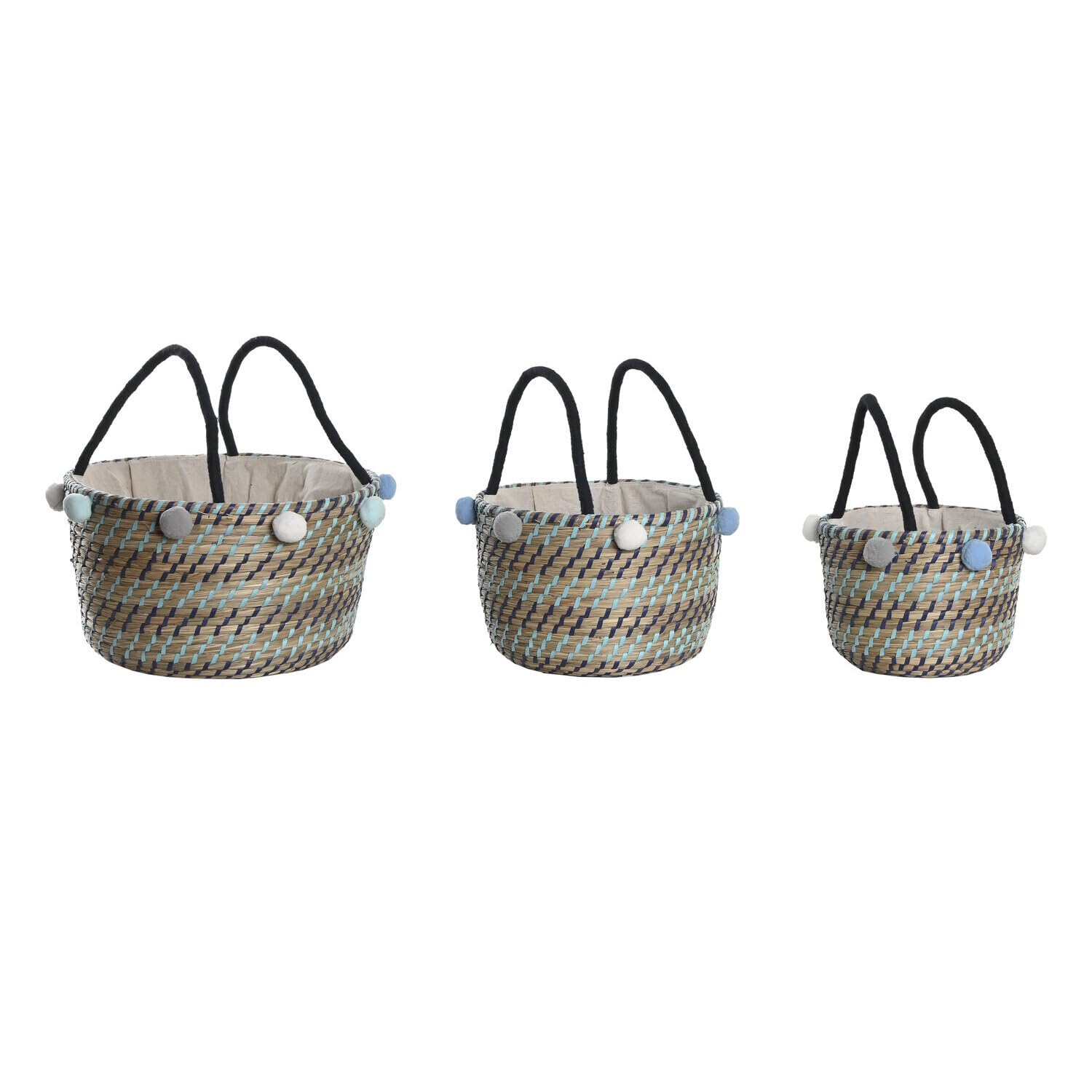 Panier tressé seagrass 43x43x43 coffre rangement jouets pompons