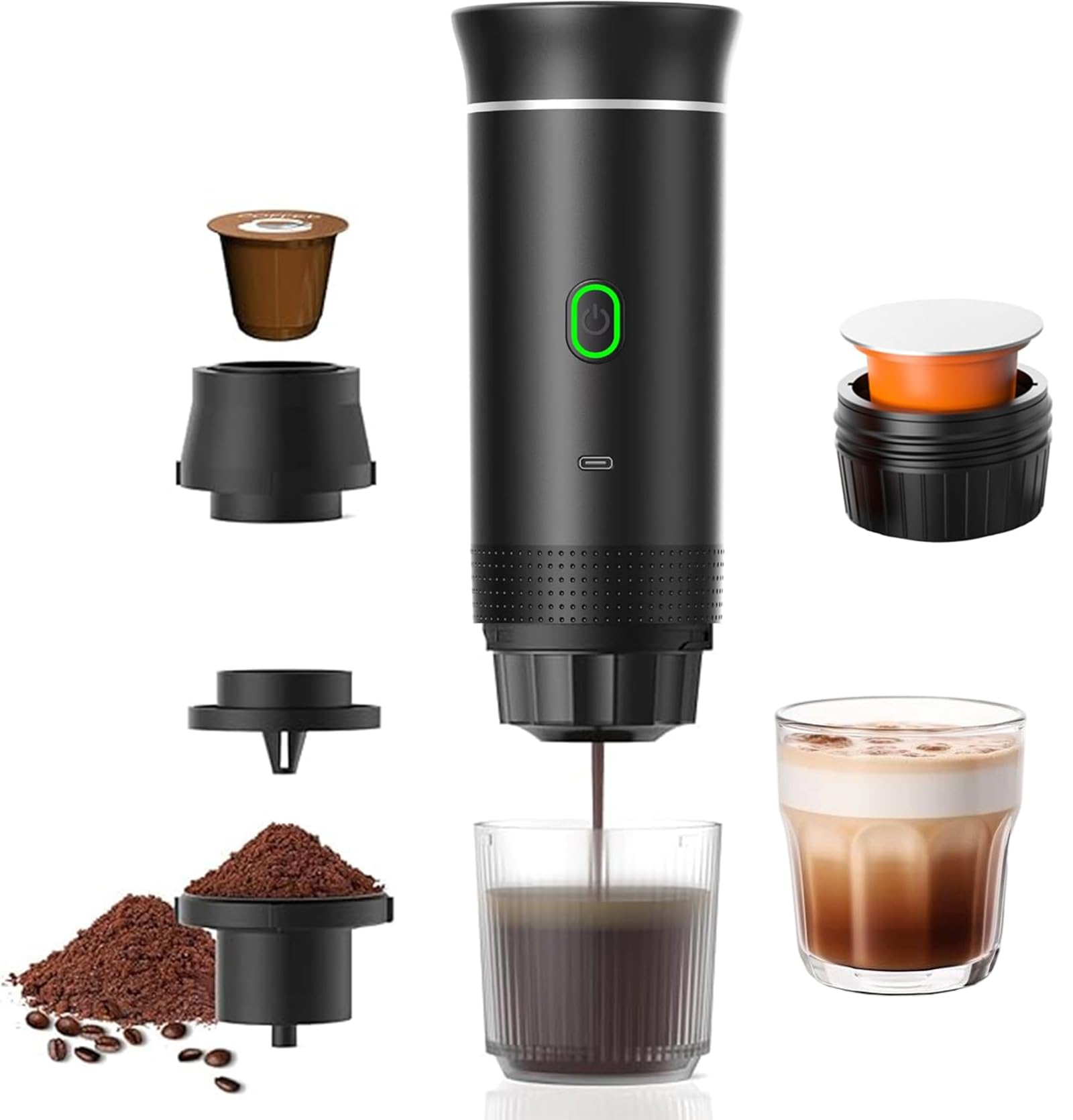 Portable Espresso Coffee Machine, Portable Espresso Capsule Coffee Maker 3 in 1.15 Bar, 7500 mAh, Self-heating, Compatible with Nes and DG Capsules and Ground Coffee, for Office Travel Camping (without Bag)