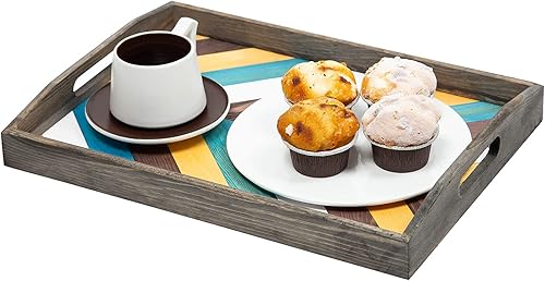 Bandeja rectangular multicolor de madera rústica, gris, con asas recortadas, patrón de flechas de cheurón, bandeja decorativa para desayuno, café,