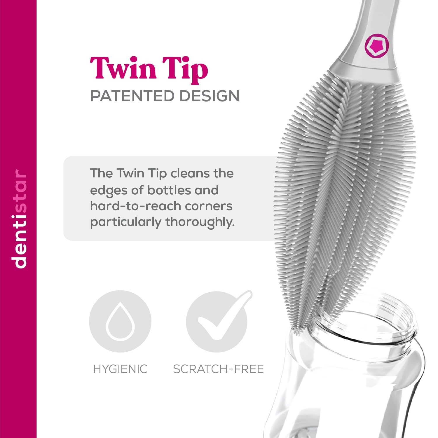 dentistar Spazzola Lunga per bottiglie in silicone – Spazzola per bottiglie per bottiglie, tazze e bicchieri, detergente per bottiglie flessibile con setole morbide in silicone – Senza BPA – Grigio