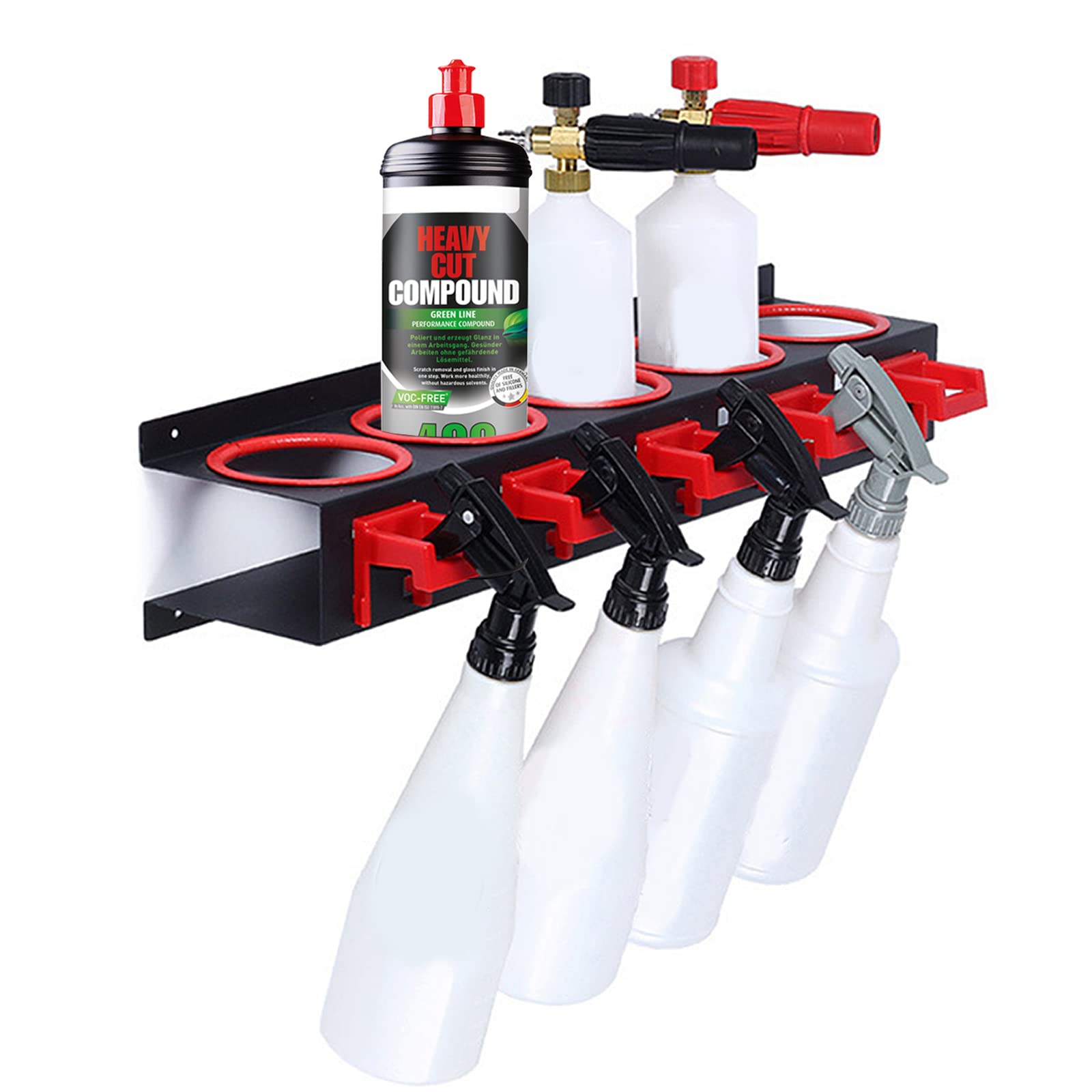TBRFP Heavy-Duty Wall Mount Spray Bottle Holder for Car Detailing,Adjustable 5-Hook Hanging Rail Organizes Auto Cleaning Tools, Polish & Wax Bottles – Garage, Car Wash Shop Storage