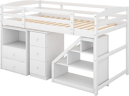 Miniatura 6 de Cama loft con escritorio integrado movible marco de cama de madera de tamaño individual con cajón de almacenamiento escalera estante de estantería