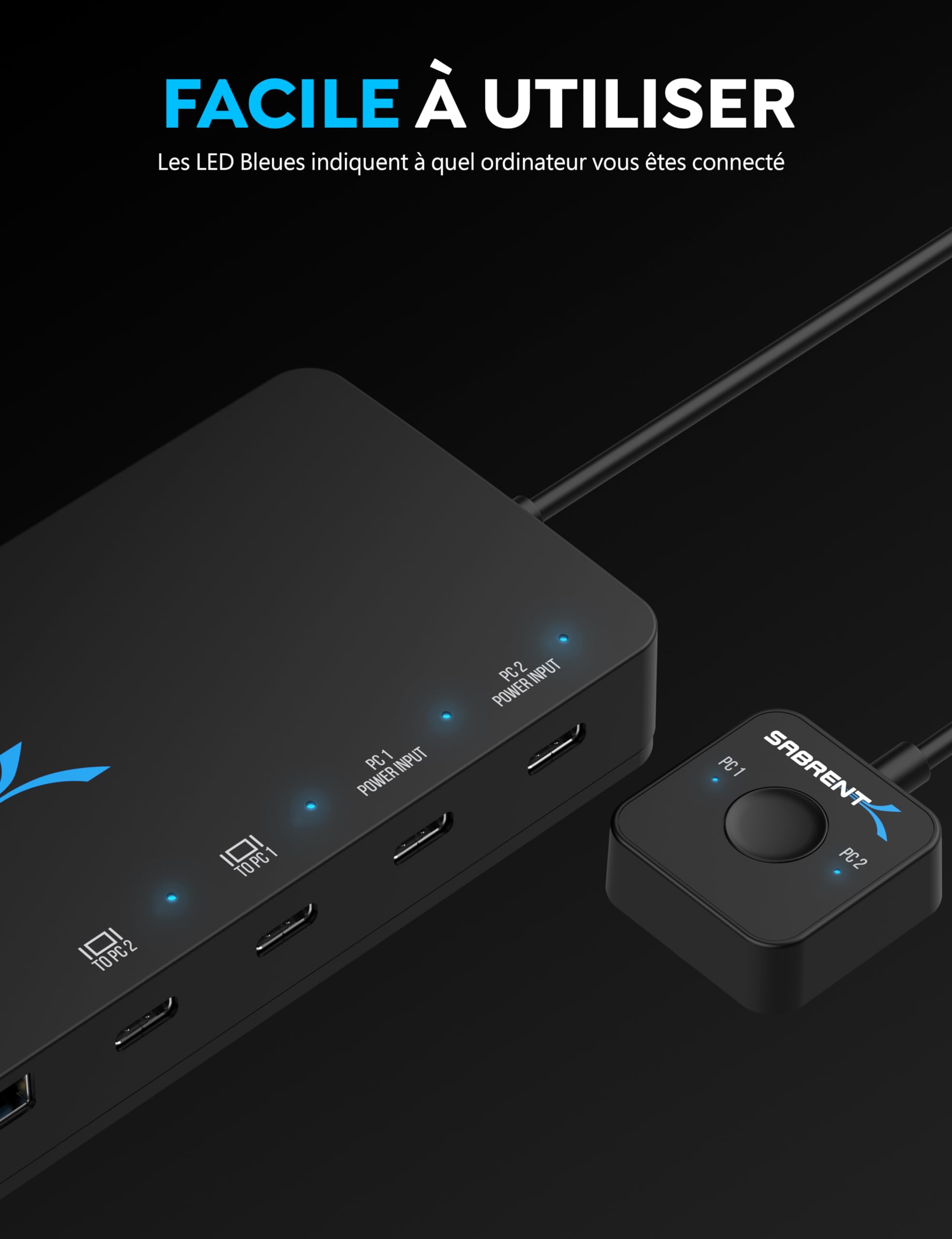 SABRENT KVM Switch, 2 port USB C Inputs, 2 outputs avec 60W PD, 2 USB, 2 port HDMI 4K@60Hz pour moniteur, ordinateur portable, PC, imprimante, scanner, souris, clavier Indicateurs de périphériques LED