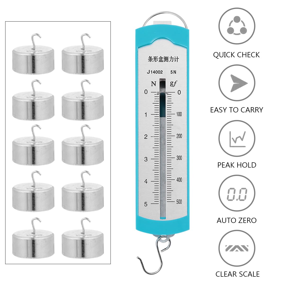 Gatuida Dinamometro 5N Meter Spring Dinamometer Bar, 10 Pezzi 50g Grams Calibrazione Peso Kit, Struttura Standard Per Esperimenti Meccanici Physics