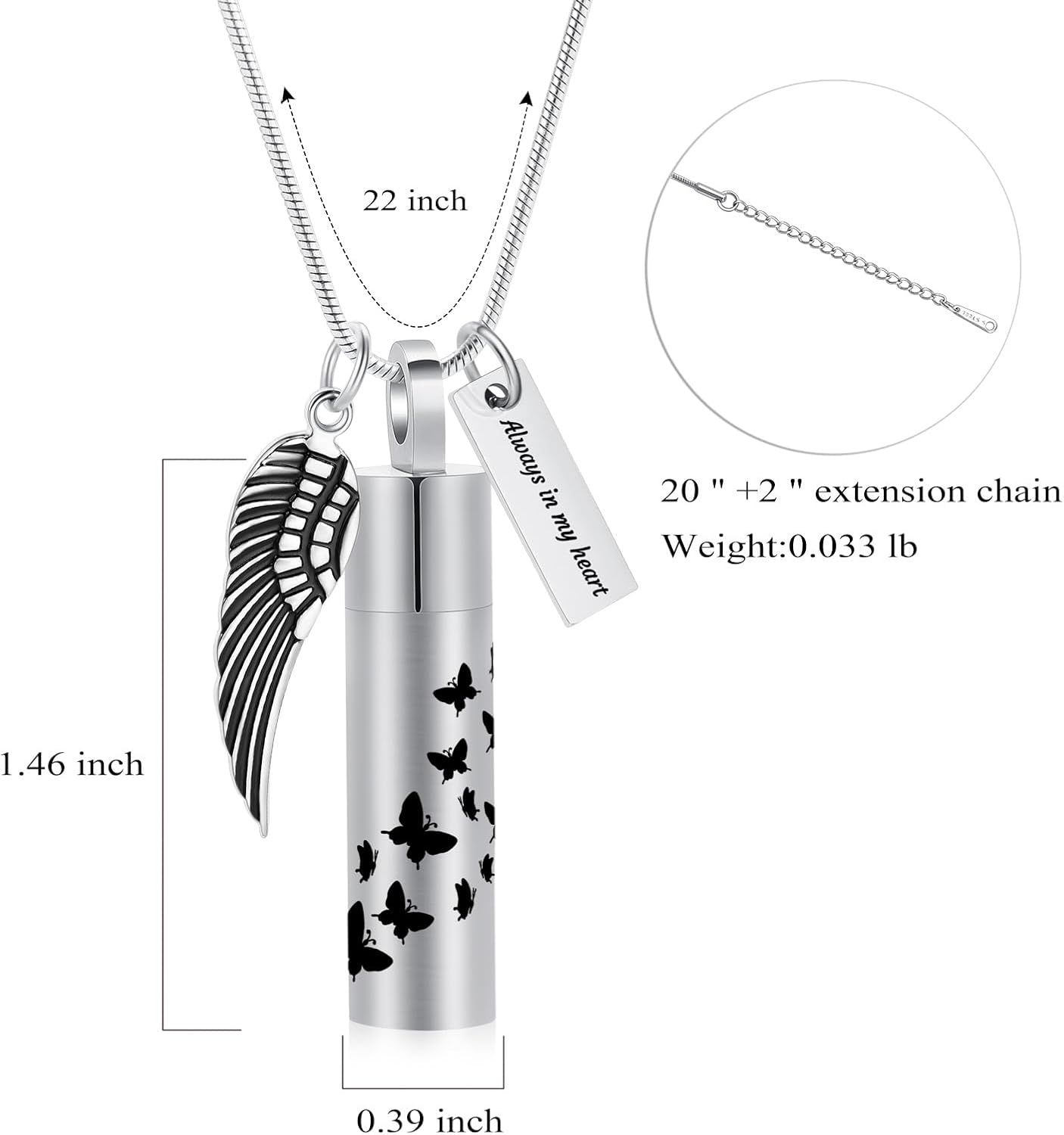 zeqingjw Cremation Jewelry Butterfly Cylinder Urn Necklace for Ashes Stainless Steel Keepsake Ash Holder Funeral Pendant of Loved Ones - Image 2