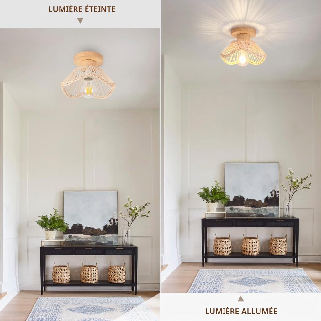 Lot de 2 Plafonniers en Bambou Tressée Lampe de Plafond Vintage E27 Éclairage Luminaire en Rotin Bois Lustre Suspension Déco pour Salon Chambre Couloir Cuisine