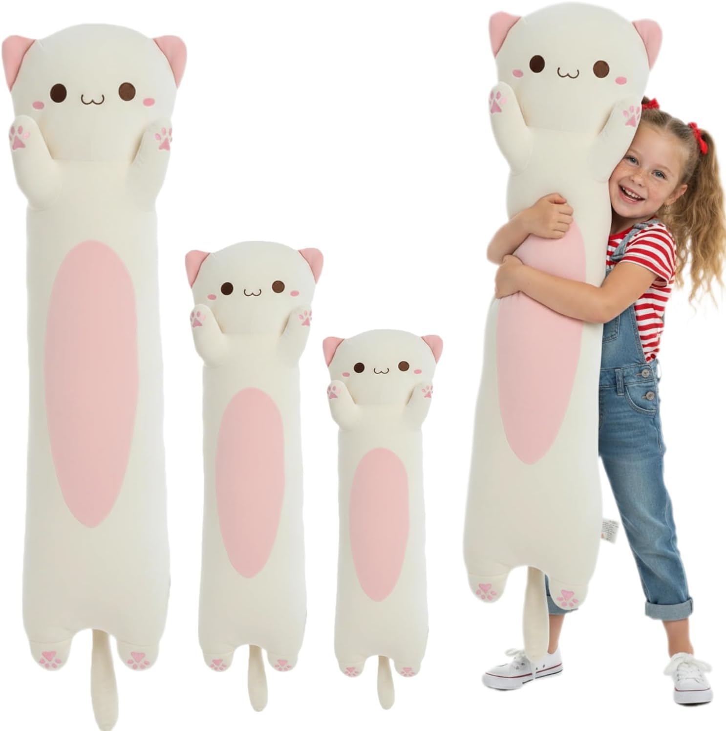 Long Cat Plush Toy – Ultra Soft Cat Plush Pillow Stuffed Animal for Kids & Adults, Kawaii Kitty Body Pillow, Cute Plushie Gift for Kids Girlfriend (Cream, Round Eyes, 60cm/23.62inch)