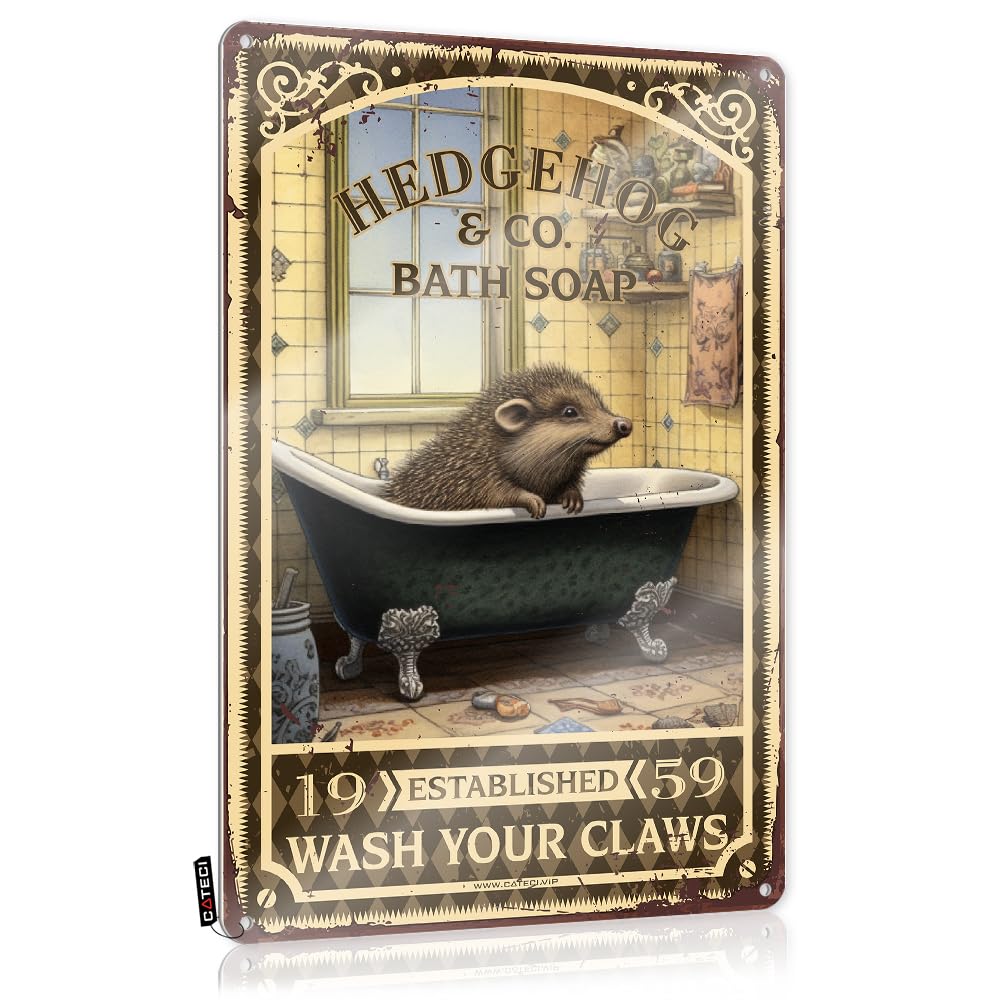 MWFKKADDB Vintage Signs Metal Hedgehog Bath Soap Wash Your Claws Tin Sign Art Deco Decorcool Room Decorhome Wall Decorgarden Gifts For Women Unique Man Cave Rules Metal Home Sign(30X40CM)
