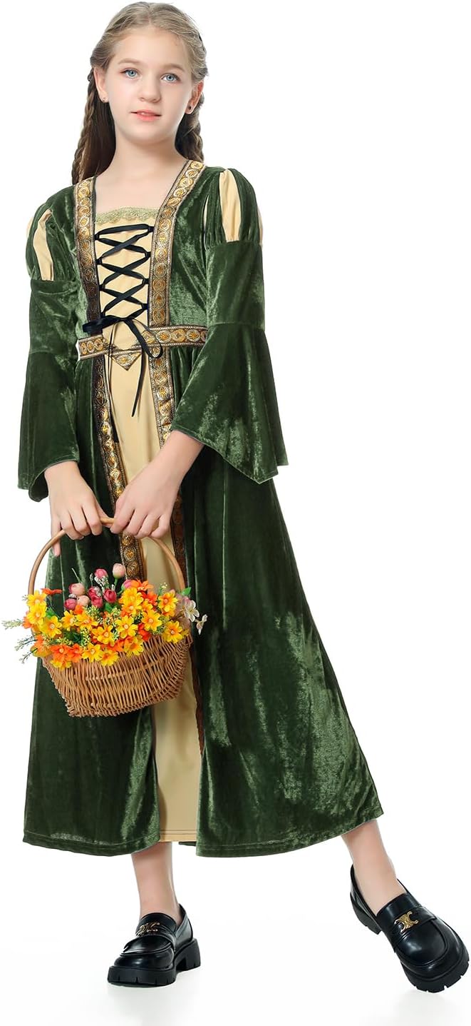 GRAJTCIN Girls Medieval Dress Renaissance Princess for Kids Halloween Drawstring Outfit Costume