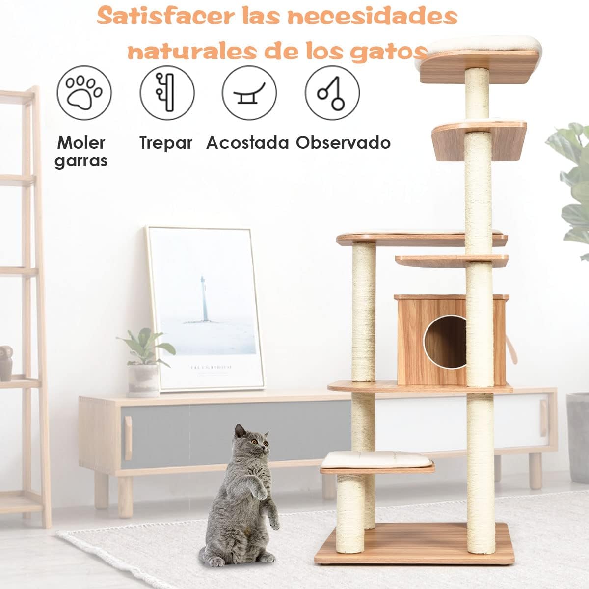 COSTWAY Árbol Rascador para Gatos de 175 cm, Torre para Gatos de Madera, con Plataformas Multiniveles, Rascadores y Columnas de Cuerdas de Sisal, Casa para Gato Recubierta en Tejido Afelpado, Natural