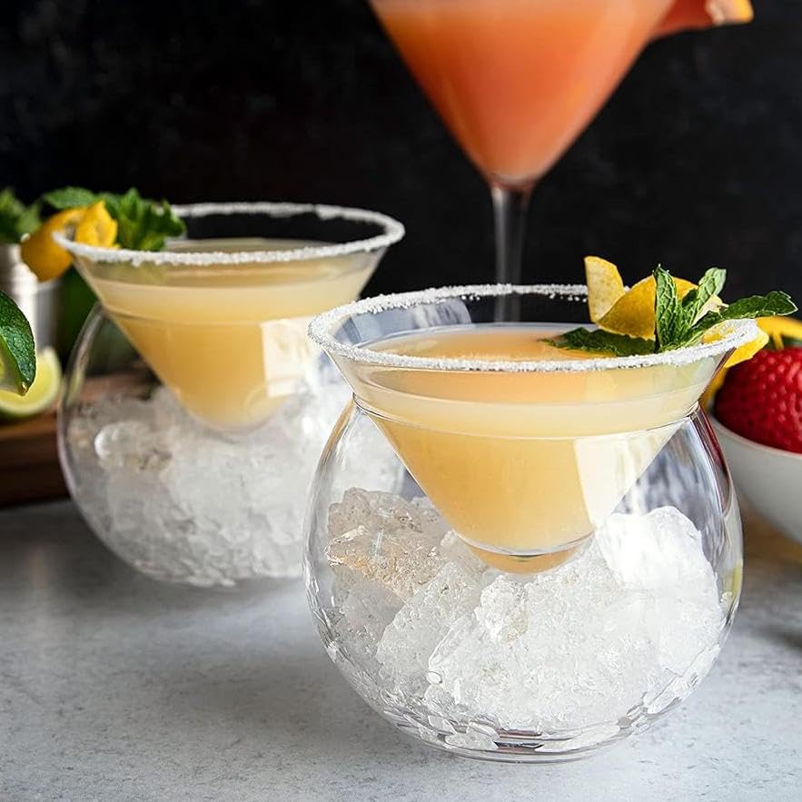 RXMORI 2pcs Stemless Martini Glasses with Chiller Set, Glass Caviar Chiller Server Set, Universal Martini, Wine, Liquor Cocktail Chiller Cup, Cocktail Glass with Ice Holder for Martini(150ml)