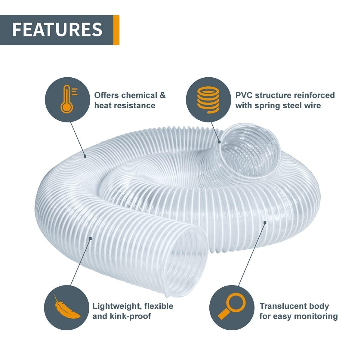 POWERTEC 70430 PVC-Staubsammelschlauch, flexibel, transparent, mit 10,2 cm bis 6,4 cm Schlauchkegel-Reduzierstück und 10,2 cm Armaturen-Set mit Anschlüssen, Strahltoren und Schlüssel-Schlauchschellen