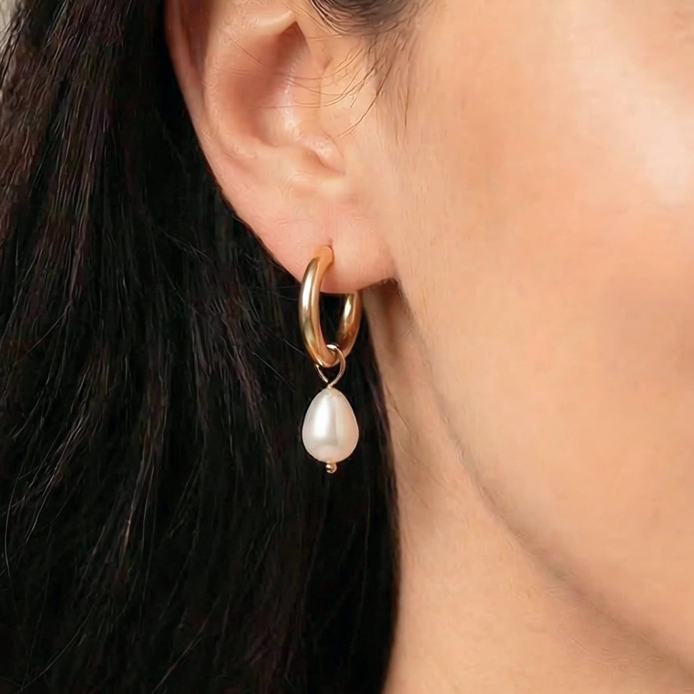 Pearl Earrings VeroSteel Dangle Earrings for Women, Dainty 14k Gold Huggie Hoop Earrings with Pearls, Trendy Pearl Drop Earrings, Stainless Steel Hypoallergenic Stud Earrings For Sensitive Ears