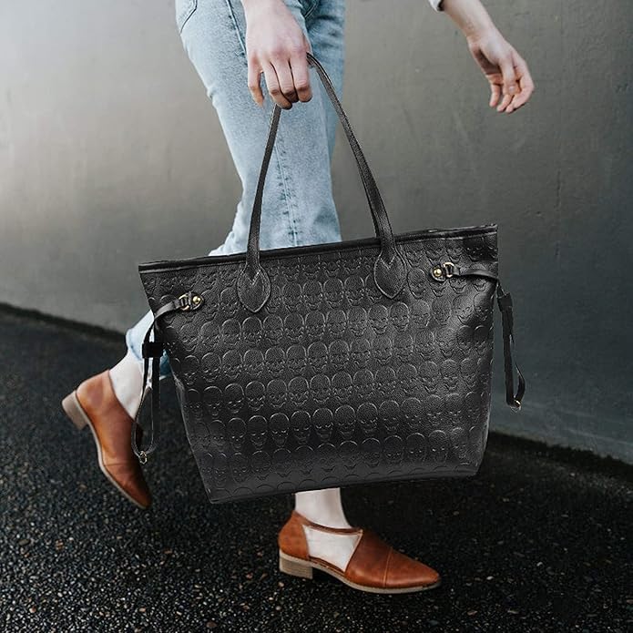 Women Devil Skull Purse Handbags Pu Leather Top-Handle Satchel Shopping Bag with Clutch Purse Black - Image 2