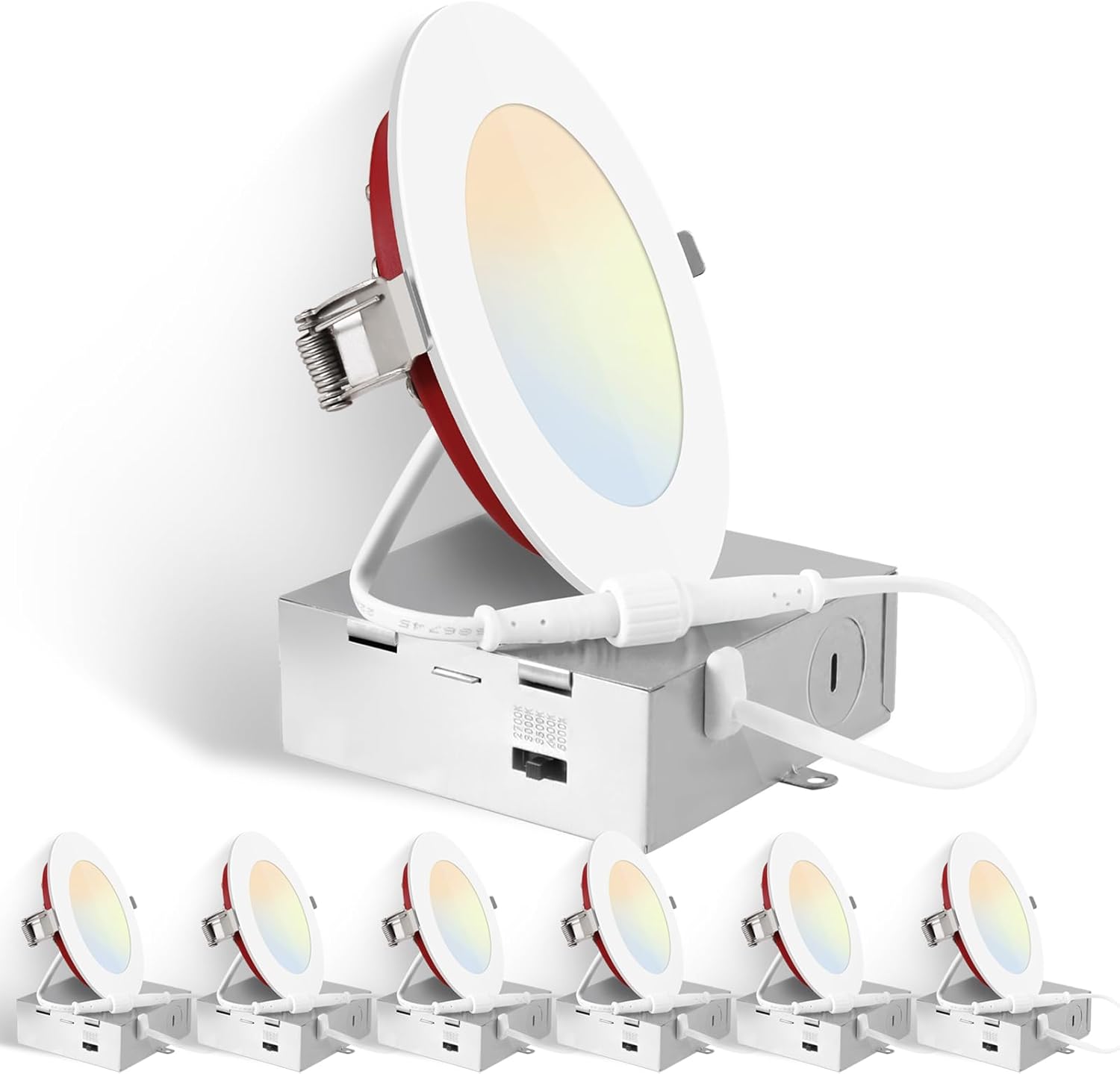 Fire Rated 2HR 4 Inch 5CCT Ultra-Thin 1000LM Dimmable LED Recessed Light with Junction Box, No Fire Cone Needed, 2700/3000/3500/4000/5000K Selectable, ETL&FCC Listed, 6 Pack