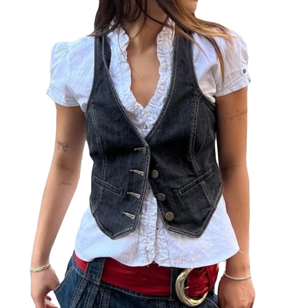 ORANDESIGNE Donna Vintage Y2K Gilet Slim Fit Button Down Scollo a V Senza Maniche Gilet Casual retrò Gotico Punk Streetwear
