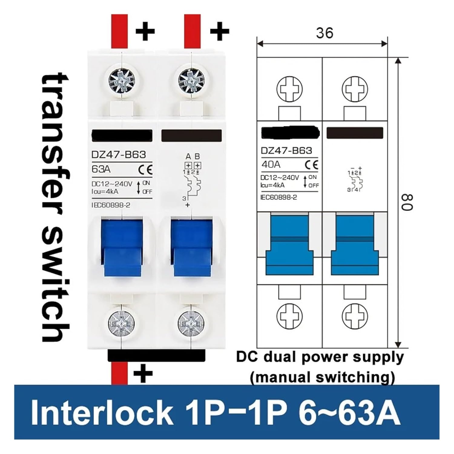 DC 12V 24V 48V 36V 72V MCB Battery Car Protector Mini Circuit Breaker DZ47 Positive and Negative Pole Protection Switch, Accessories