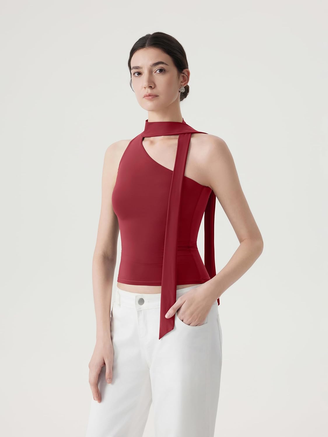 SUUKSESS Women Halter High Neck Tank Tops Off Shoulder Double Lined Going Out Shirts with Scarf - Image 3