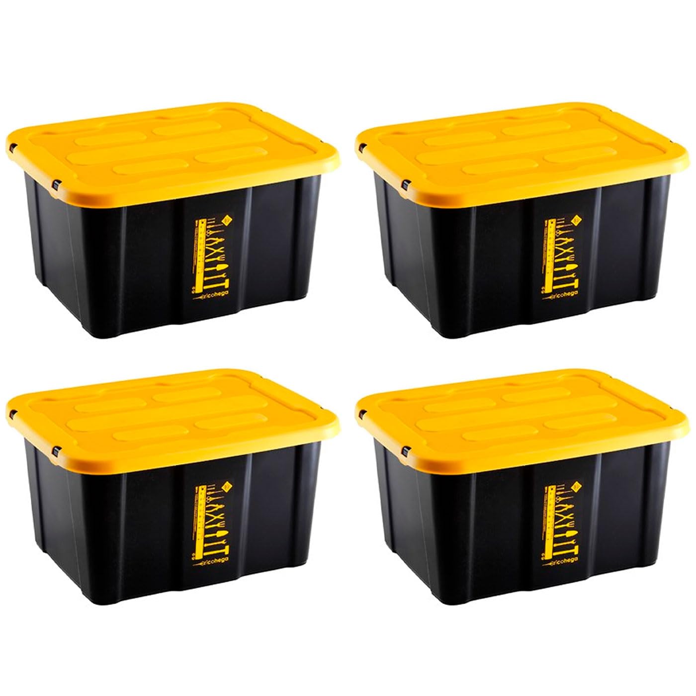 AC - Pack de 4 Cajas de almacenaje apilable con Tapa, plástico, cajón Multiusos, ordenación, Herramientas, hogar, Fabricada en España (Amarillo y Negro - 17 litros - 39,5 x 31,5 x 22 cm)