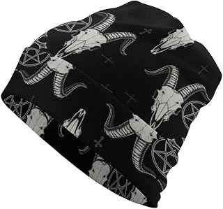 Slouchy Beanie Hat for Women Men, Gothic Occult Satan Penta Symbol Skull Cuff Cap Skull Hats for Hiking Sport, Stretch Sleep Cap Winter Daily Hat
