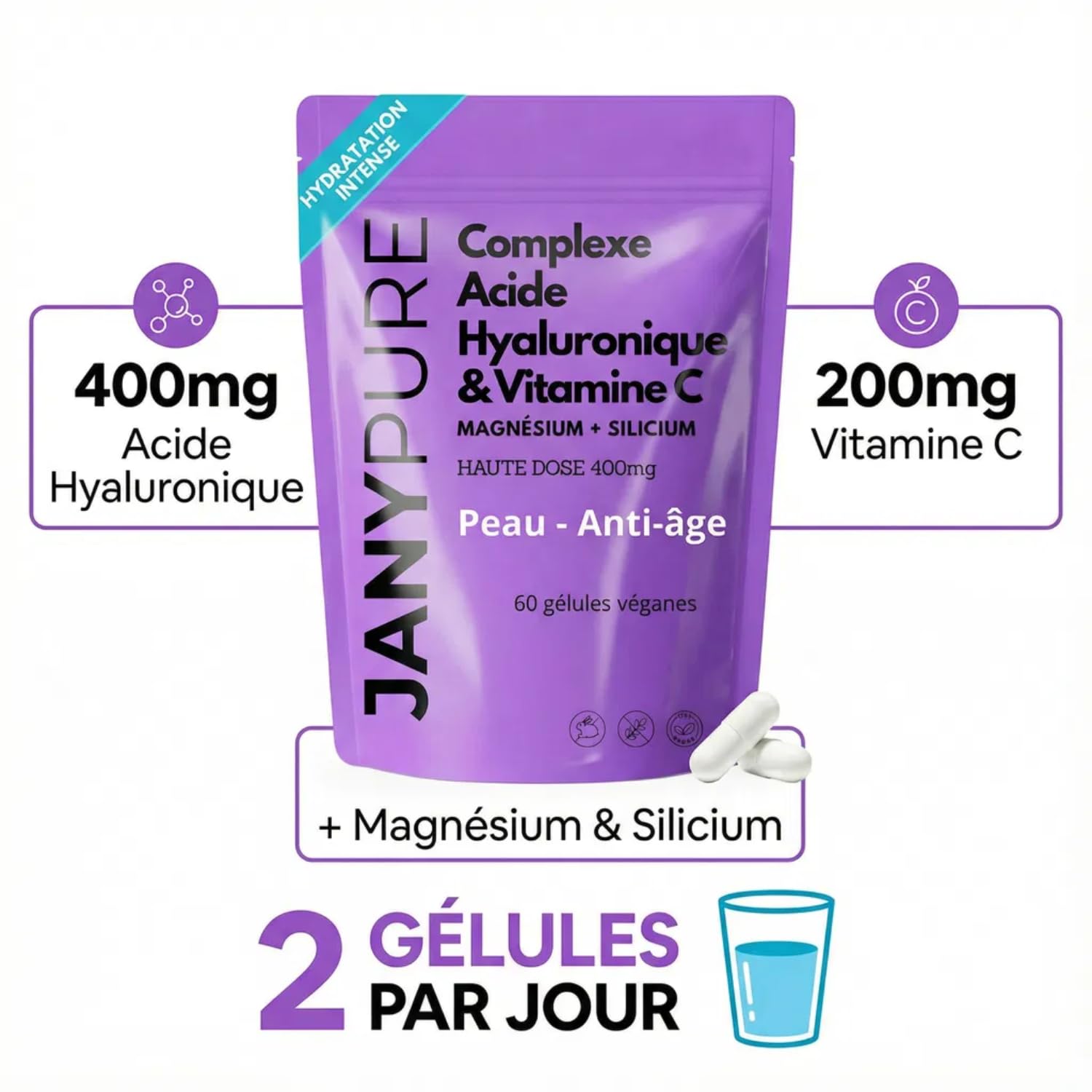 Ácido Hialurónico Puro 400 mg + Vitamina C 200 mg | Complejo Antienvejecimiento y Antiarrugas | Hidratación Intensa Piel, Brillo del Tinte y Articulaciones | Magnesio y Silicio | 60 Cápsulas Veganas |