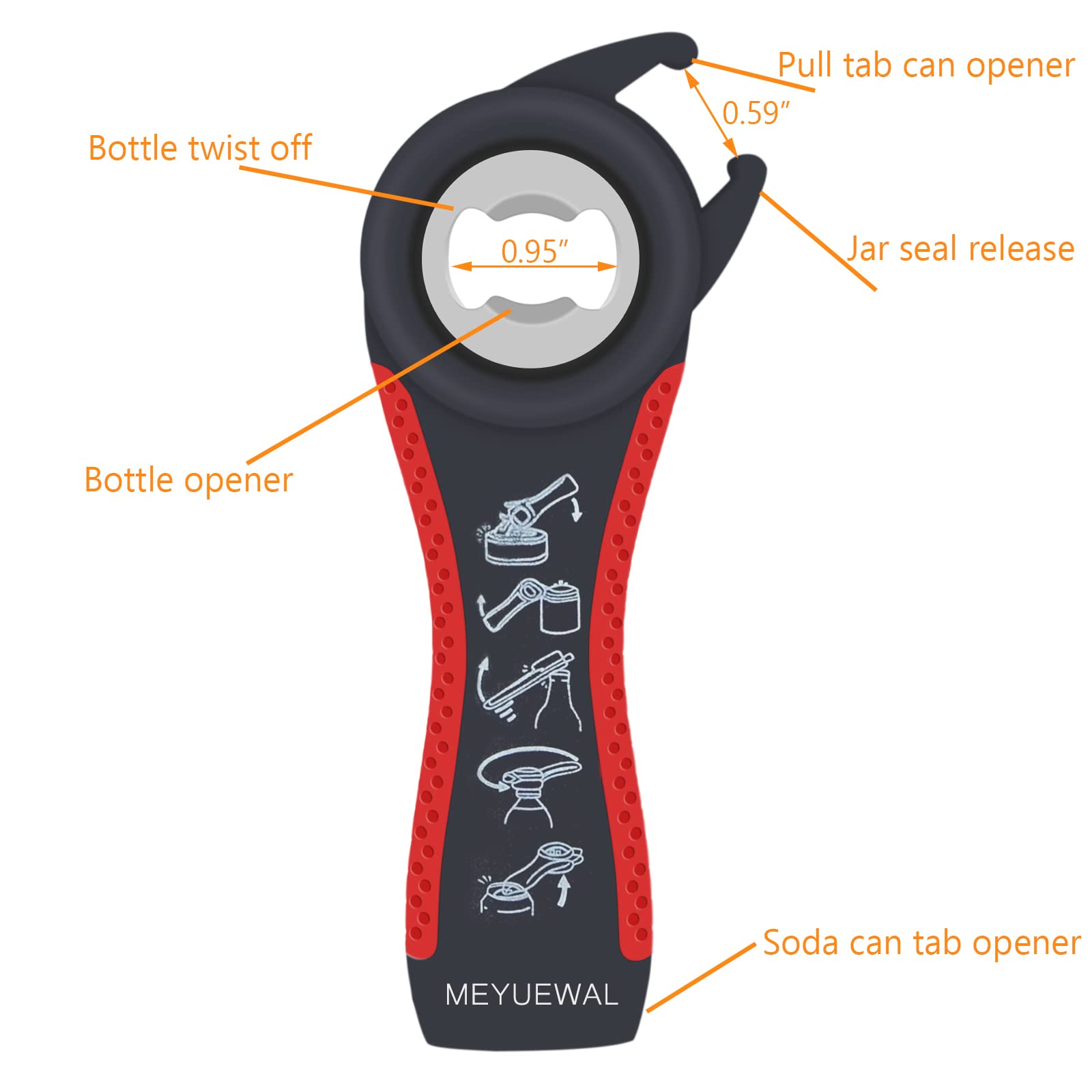 Abridor de tapas 6 en 1, abrelatas y botellas, tarros y latas para personas mayores con artritis o manos débiles, resistente y borde liso, color rojo