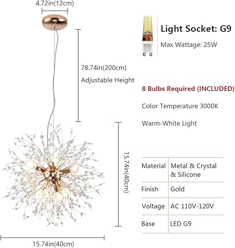 Miniatura 5 de Isamacc Candelabros de cristal de fuegos artificiales, 8 luces doradas de diente de león, 15.7 pulgadas de acero inoxidable, pequeñas luces Sputnik