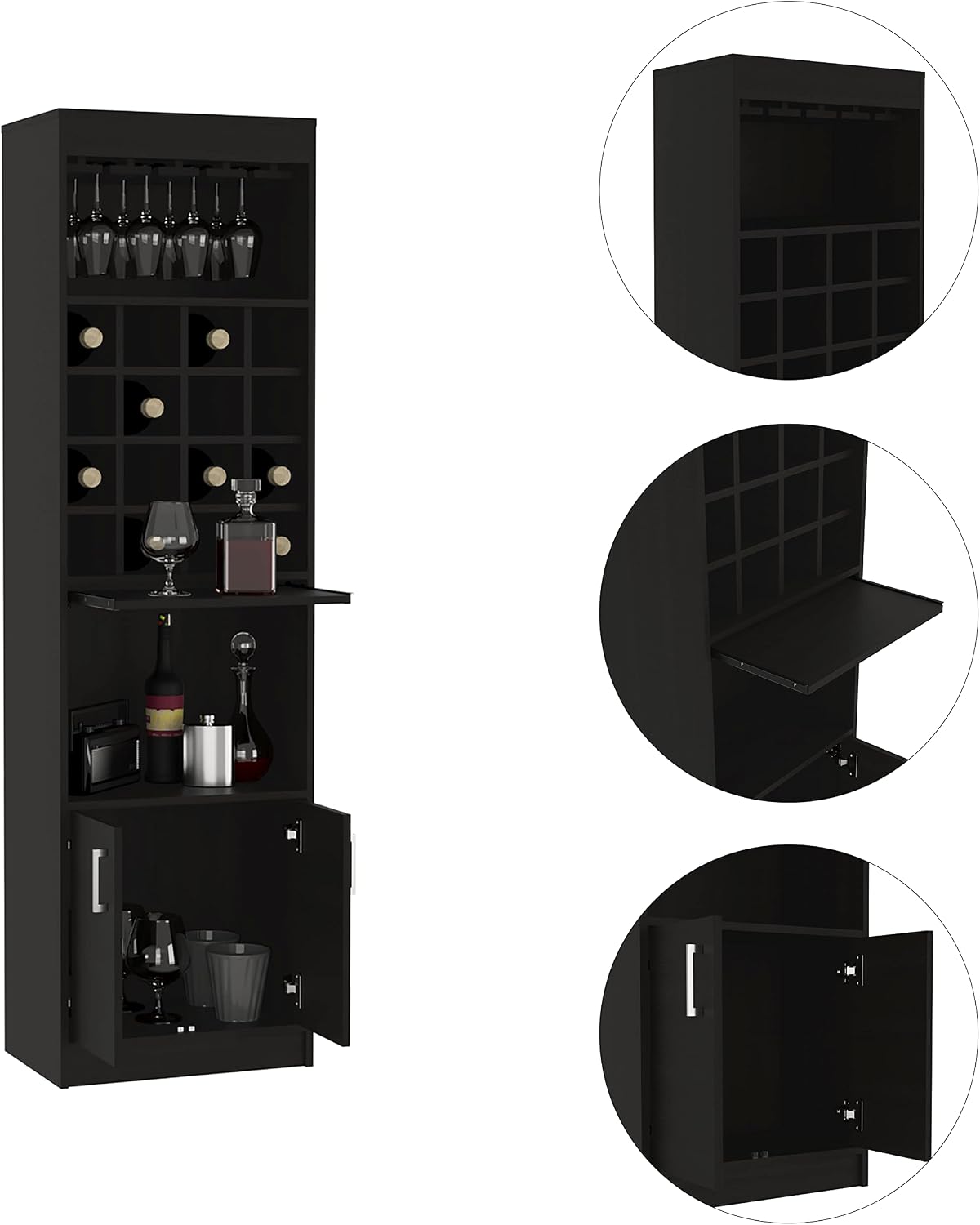 Bar Cabinet, Concealable Serving Tray, Sixteen Built in Wine Rack, One Shelf, Double Door Black