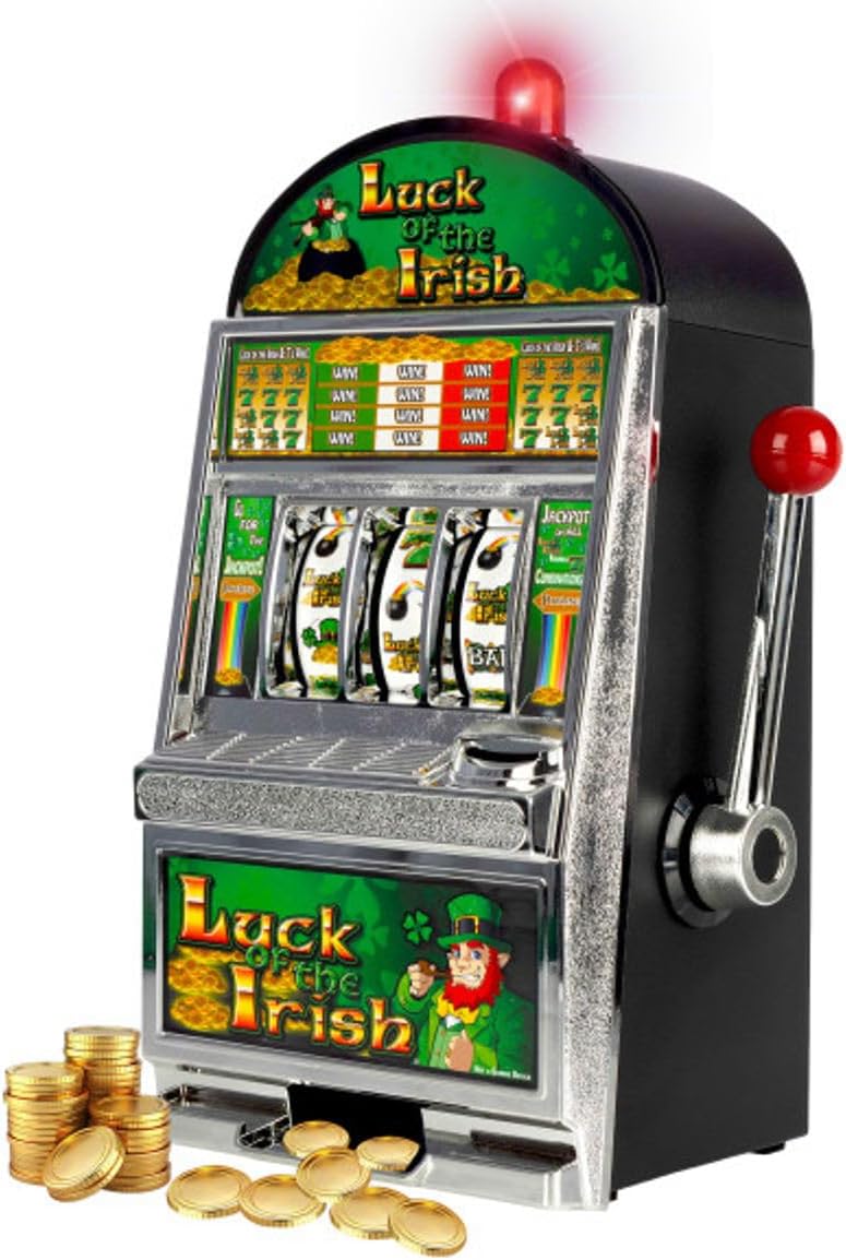 Real Slot Machine Bank - Luck of The Irish Las Vegas Casino Slots with Flashing Lights and Realistic Jackpot Sounds 6 x8.75x15 Inch Casino Machine Accepts 98-Percent of World Coins by Trademark Poker