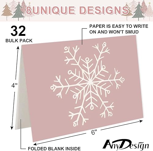 Miniatura 2 de AnyDesign - Paquete de 32 tarjetas de felicitación de Navidad rosas bohemias con calcomanías de sello, sobres de copos de nieve rosados, tarjetas de
