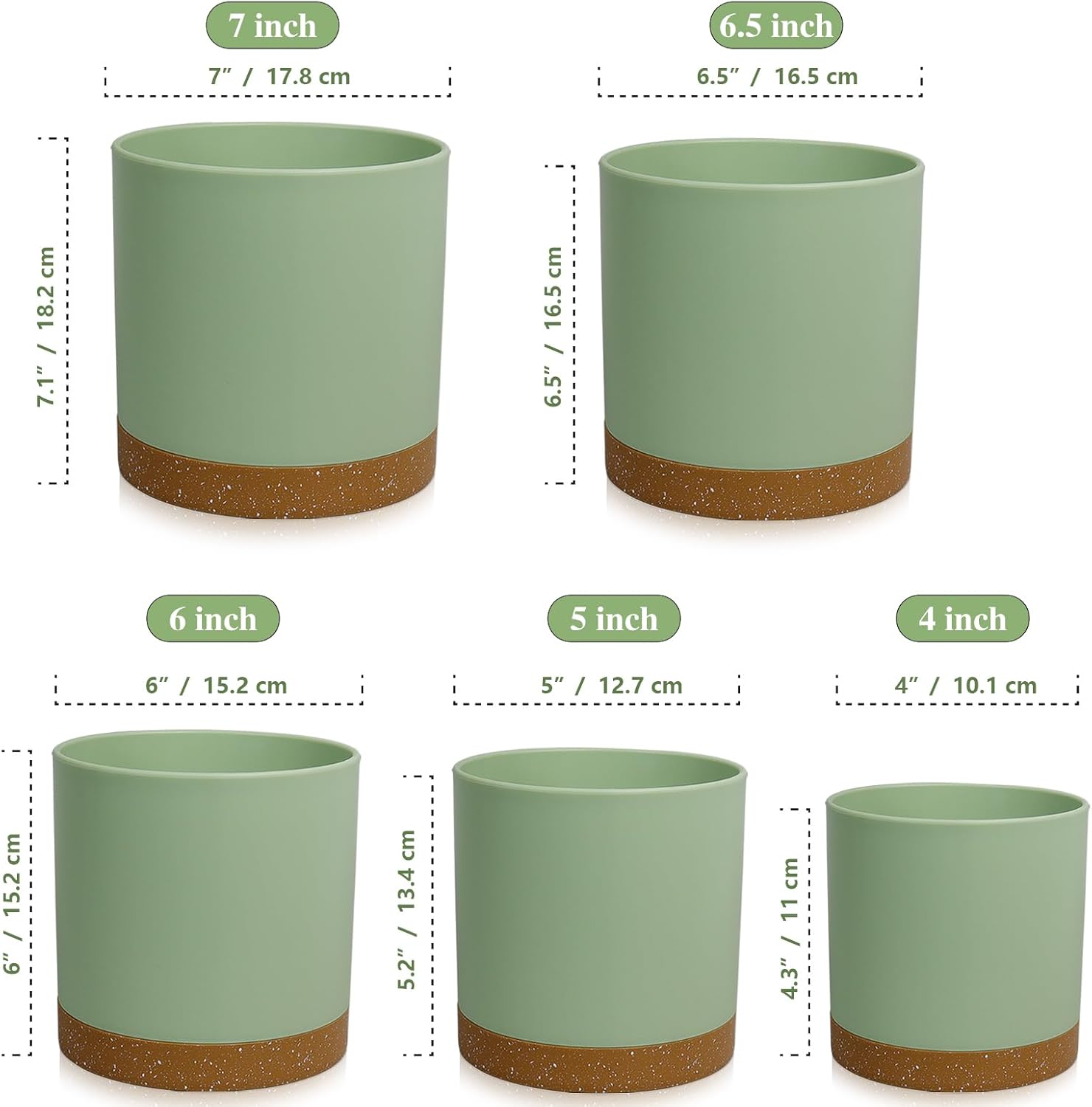 WSMKSZ 5 Pack Cylindrical Flower Pots with 7/6.5/6/5/4 inch, Modern Small Plastic Plant Pots with Drainage Holes & Saucers, Round Planter Pots for Outdoor, Indoor & Office Decor (Green Brown)