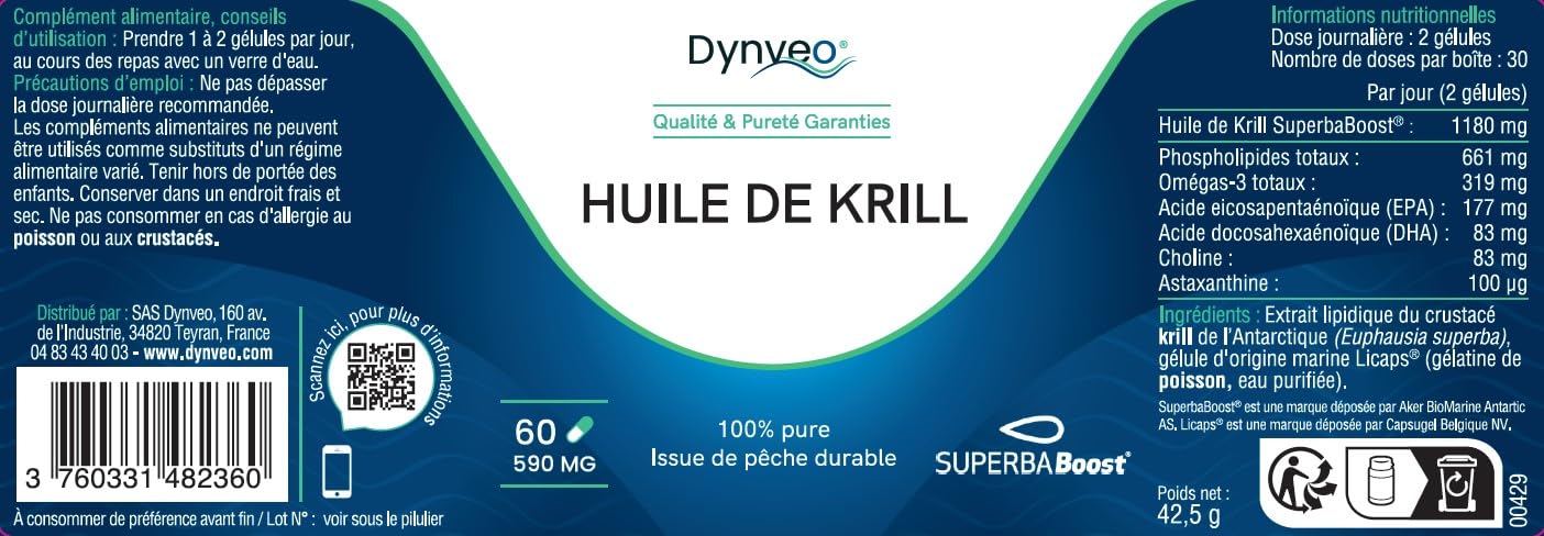 Huile de Krill Pure Superba Boost™ 590mg - Oméga-3 Phospholipidiques & Astaxanthine - Soutien Cœur, Cerveau & Vision - Pêche Durable - 60 Gélules Licaps® (1 à 2 mois) - Dynveo