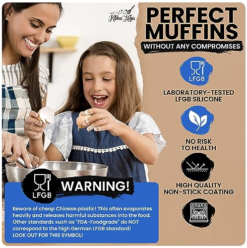 Foto von Kitchen Helpis® 12er Silikon Muffinform BPA-frei, antihaftbeschichtetes Muffinblech, Muffinform Silikon BONUS Rezeptbuch, Muffins Backform spülmaschinenfest, Muffin Form, Muffin Backform