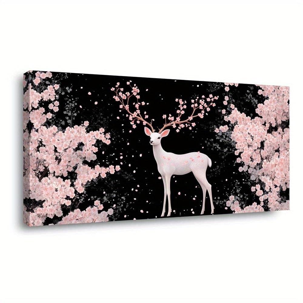 Minimalistyczny obraz ścienny w stylu boho z kwiatami wiśni i jelenia (30 x 60 cm/z ramą)