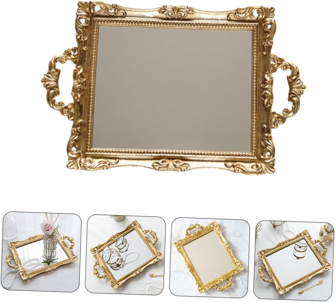 DOITOOL Desk Decor Vanity Mirror Tray Decorative Mirror for Perfume Organizer Serving Tray with Handle Jewelry Dresser Display Organizer Tray Makeup Dish Plate for Bathroom Bedroom Earring Organizer
