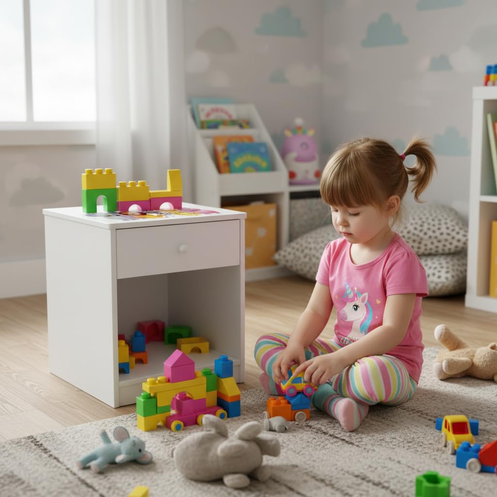 leomark comodino moderno in legno 40cm x 38cm x 42cm (A), con cassetto e scompartimento apertoin, comodino per bambini, mobili per la cameretta dei bambini con stampa colorata Animali