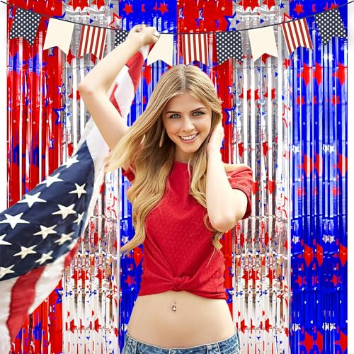 Image of TONIFUL 4th of July Decorations,Red White and Blue Tinsel Foil Fringe Curtains,Independence Day Photo Booth Backdrop,America Star Metallic Door Streamers for Patriotic Party Memorial Day Labor Day