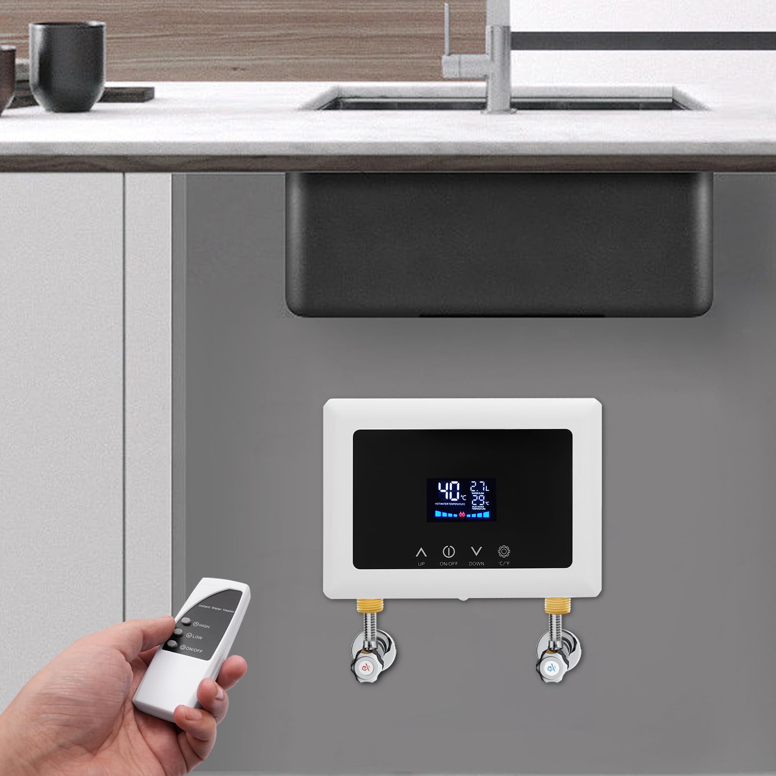 MINRS Podgrzewacz przepływowy 5500 W, natychmiastowy podgrzewacz wody z czytelnym wyświetlaczem temperatury LED, 220 V-240 V, elektryczny podgrzewacz wody z pilotem zdalnego sterowania, ciepła woda w