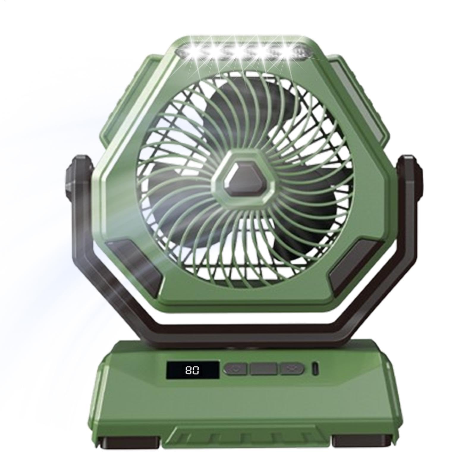 Ventilatore da campeggio per esterni, ventilatore da scrivania portatile | ventilatore da tavolo a batteria, 3 velocità, dispositivo di raffreddamento ricaricabile con luce e gancio per picnic,