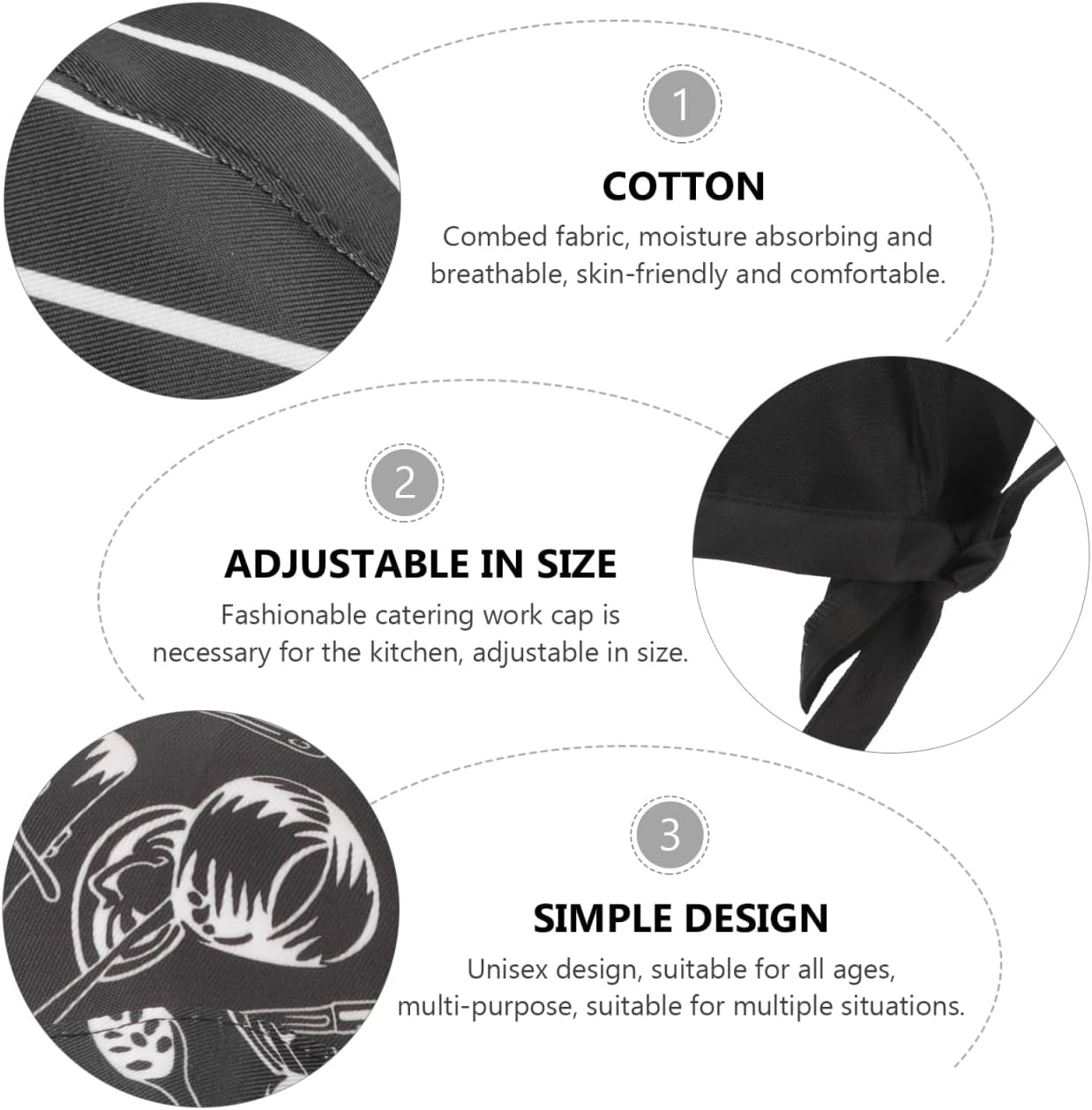 6pcs Adjustable Japanese Style Chef Turban Hats Pirate Print Bandana, Restaurant Cook Caps for Men and Women, Black and White Striped Kitchen Uniform Accessories