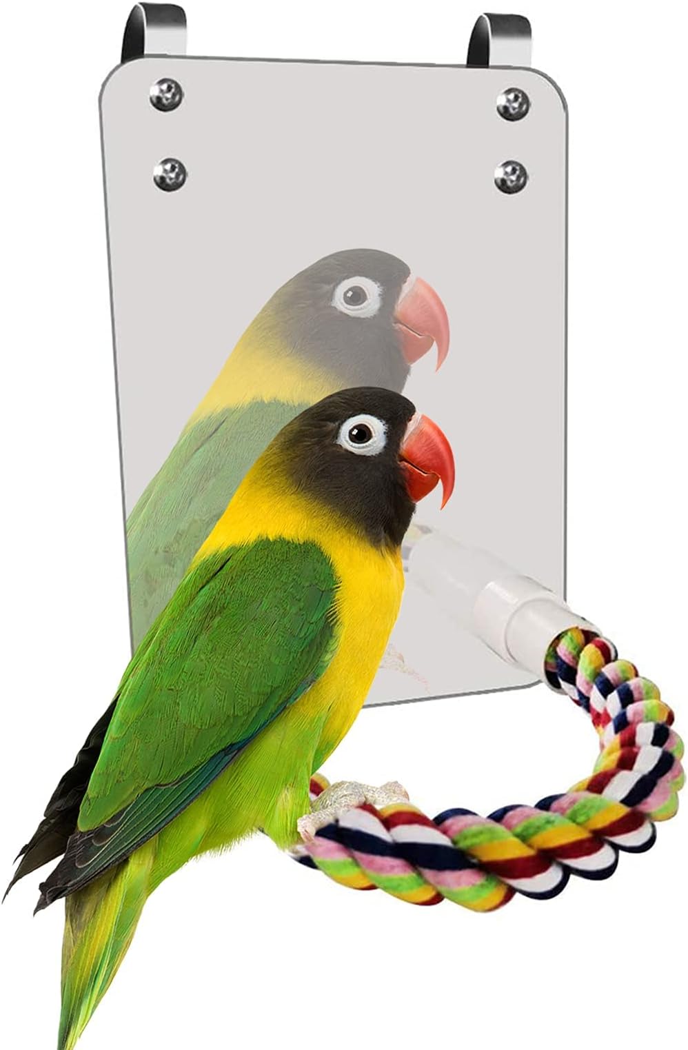 EsoesBird Mirror Toy With Rope Perch Large Mirror Stand Bar Set Colorful Chew Toy For Parrot Budgie Parakeet Cockatiels Conure Finch African Grey Macaw Cage Hanging Toy