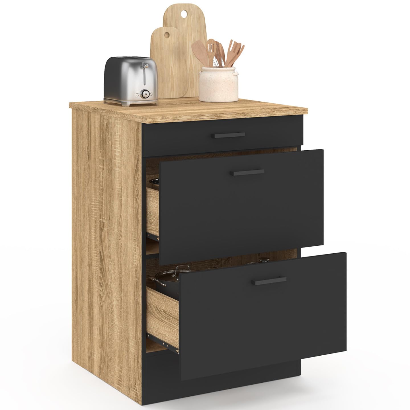 IDMarket - Meuble Bas de Cuisine 60 cm Subtil appoint casserolier 3 tiroirs Bois et Noir