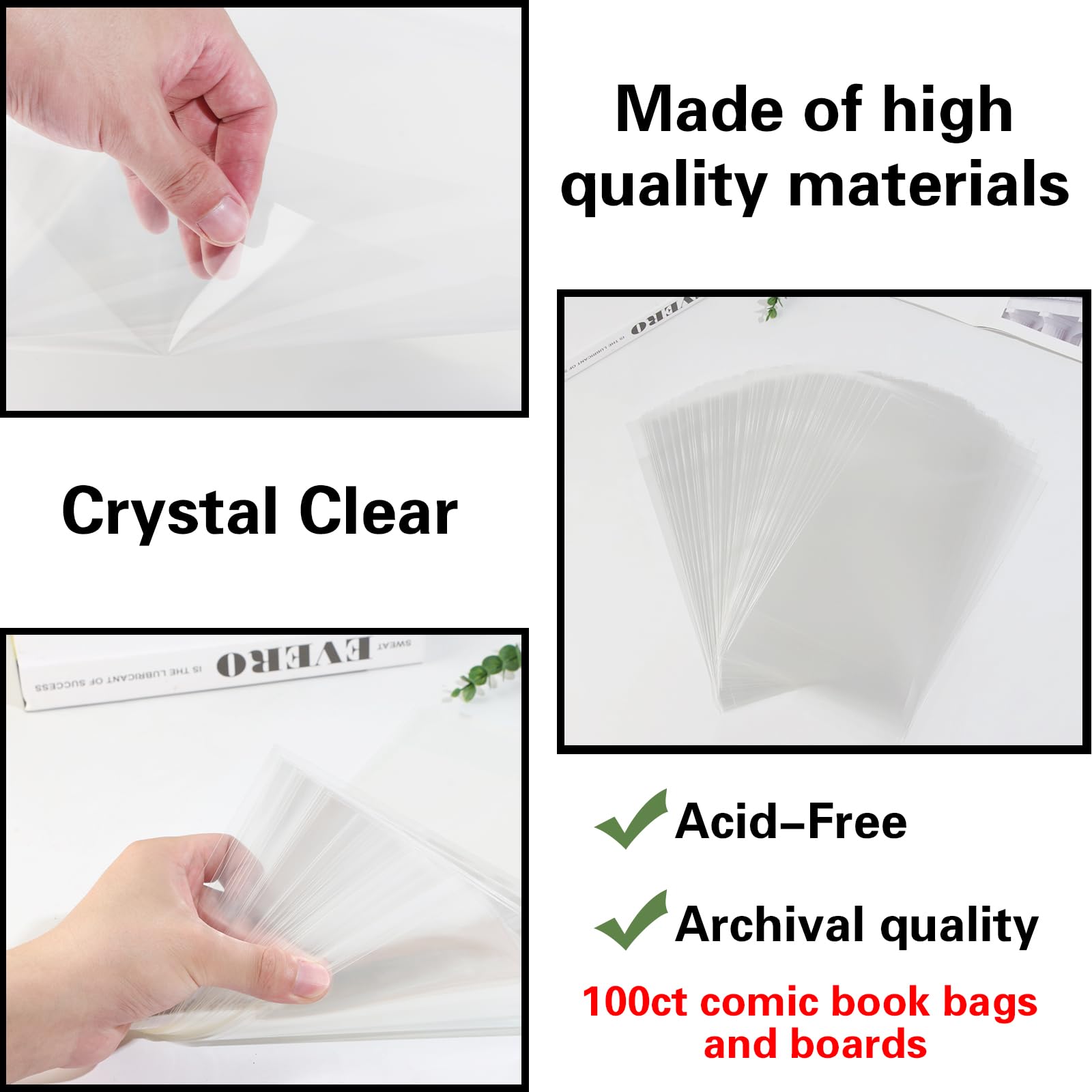 100ct Current Comic Book Bags and Boards-Reusable Boards,Bags 4.7 Mil Acid-Free Crystal Clear，100 Comic Book Sleeves and 100 Thick Comic Book Boards，Archival Quality，Applicable to Most Comic Books
