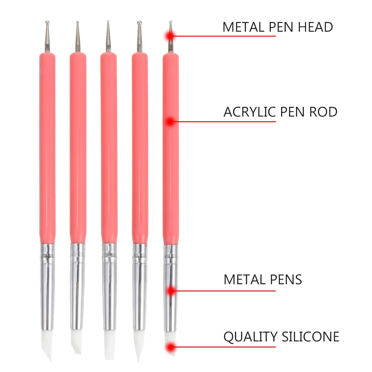 5 Pcs Dual-head Nail Art Dotting Pen Set with Pink Silicone Brush Tips for Manicure Gel Nail Painting Home Salon Use