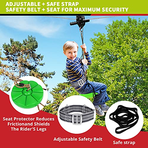 Image of 150 /180 /200 Feet Zip Line Kit for Kids and Adult Up to 330 lb with Zipline Spring Brake and Safety Harness, Zip line Trolley with Handle and Thickened Seat,for Backyard Playground Entertainment