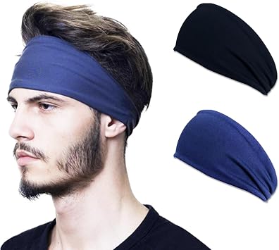Sports Headbands for Men,Moisture Wicking Workout Headband,Workout Sweatbands for Running Cycling Yoga2 Pcs,Black and Blue