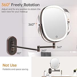 Funtouch 9 Wall Mounted Lighted Makeup Mirror, Rechargeable Double Sided 1X/7X Magnifying Mirrors with Light, 3 Color Lights, Touch Dimmable, Extended Arm 360 Rotation Oval Shaving Light up Mirror