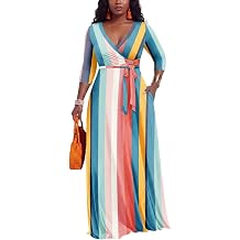 PerZeal Womens 3/4 Sleeve V-Neck Printed Maxi Dress Summer Beach Vacation Dress with Belt - Multiple Colors Available